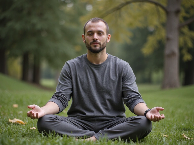 Uomo che medita serenamente in un ambiente naturale