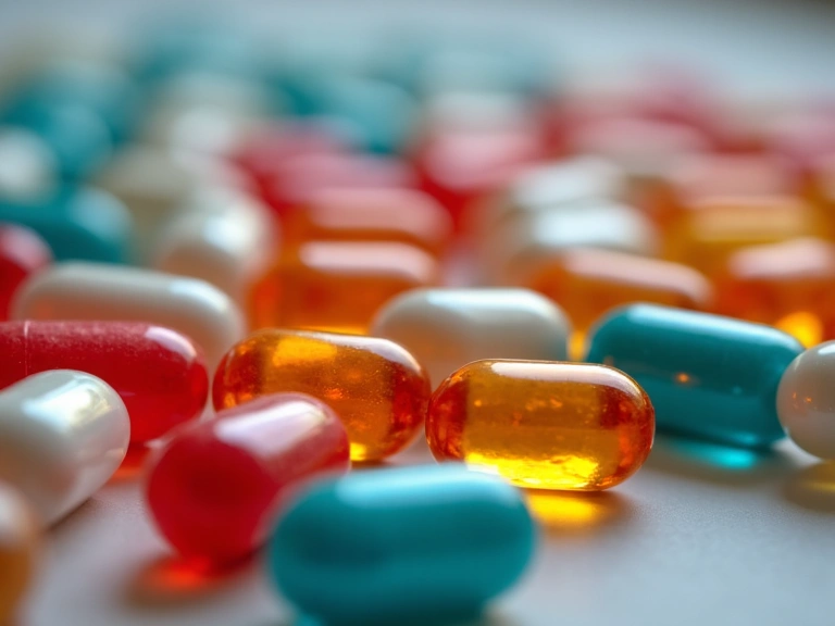 Varietà di vitamine del gruppo B in capsule colorate, in un contesto scientifico