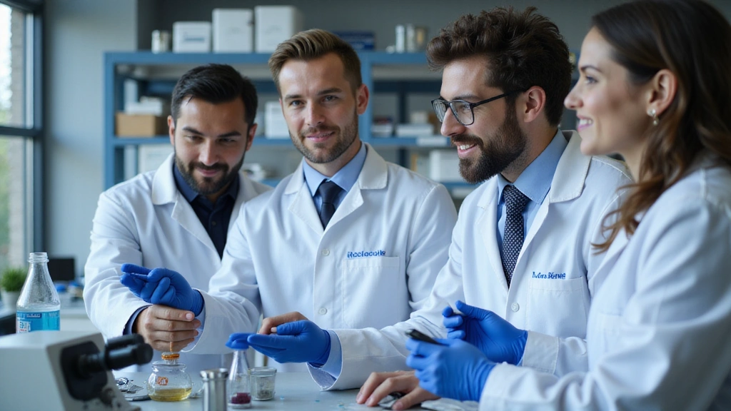 Un team di ricercatori e chimici LuxCore che lavorano insieme in un laboratorio moderno e luminoso.