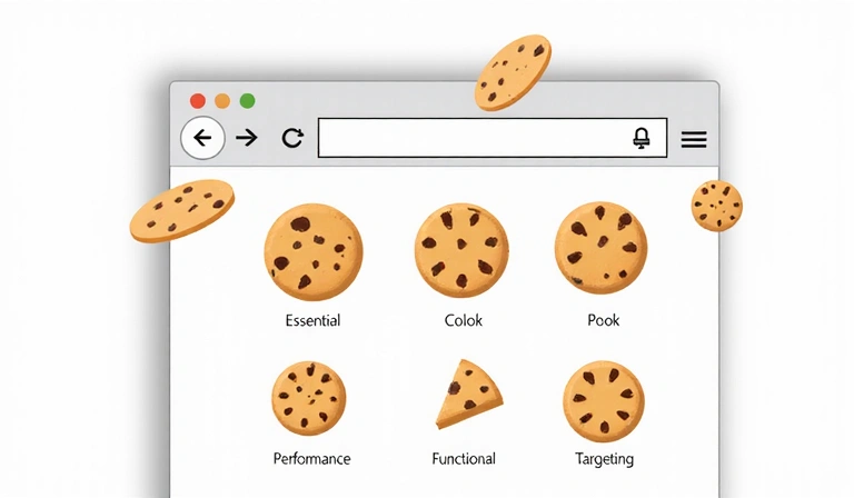 Icone di diversi tipi di cookie che fluttuano attorno a un browser web