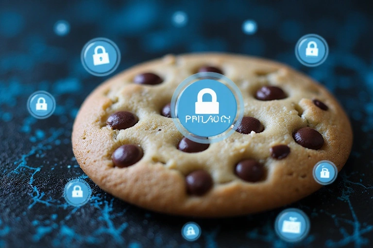 Primo piano di un biscotto digitale con icone di privacy e sicurezza