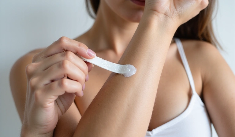 Donna che testa un prodotto sulla sua pelle