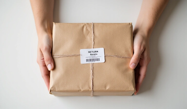 Mani che tengono un pacco con un'etichetta di reso