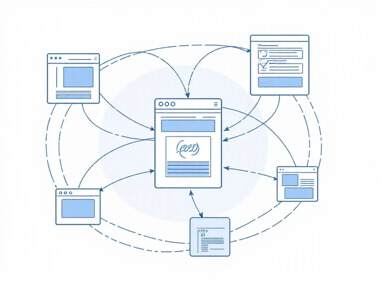 Connessione tra diversi siti web, rappresentata da icone di browser e frecce
