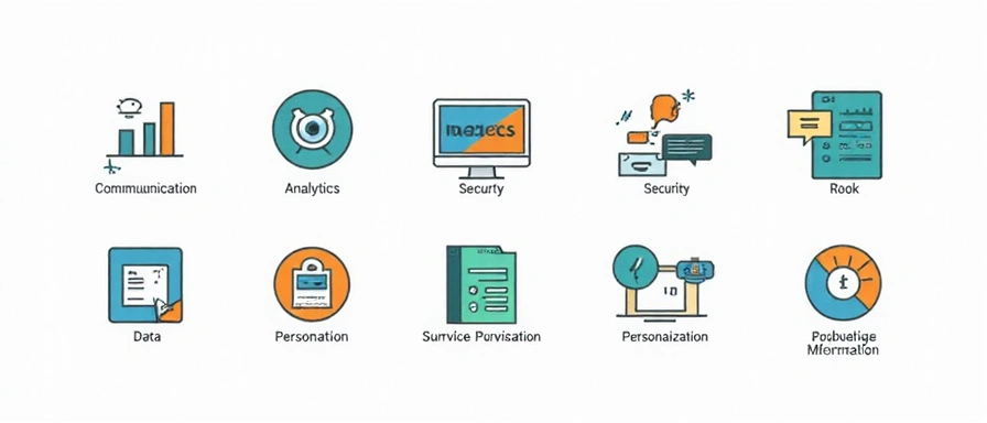 Icone che rappresentano diverse modalità di utilizzo dei dati: analisi, comunicazione, sicurezza.