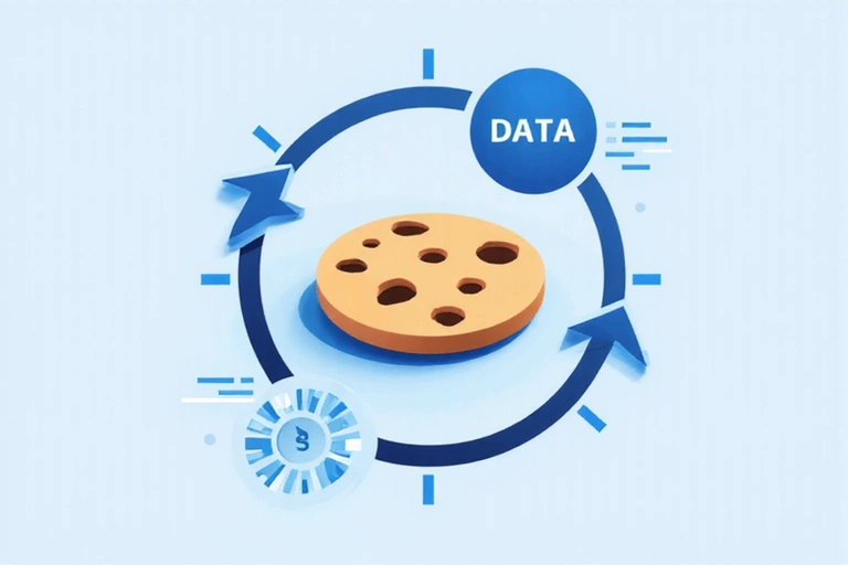 Immagine di un biscotto stilizzato con icone digitali che rappresentano i dati.