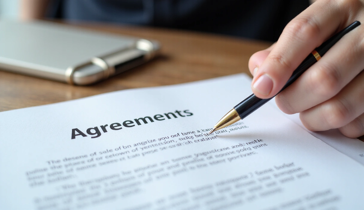 Una mano che indica un documento legale con una penna, simbolo di accordi e termini.